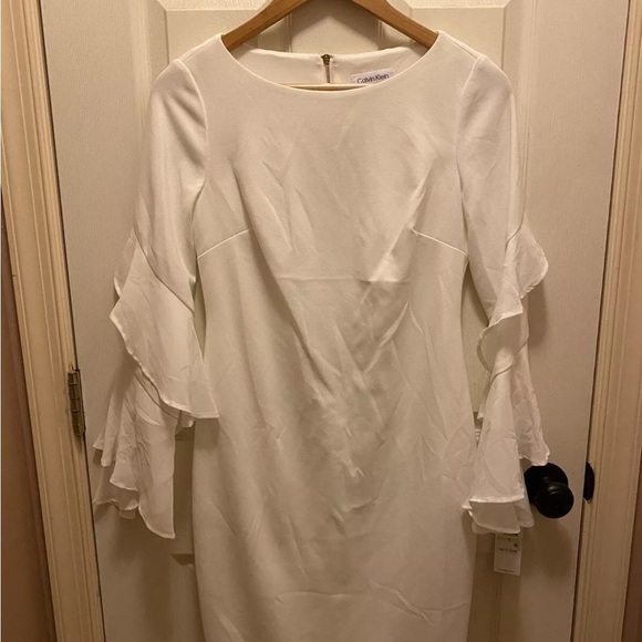 Calvin Klein Women's Off- White Dress with Ruffle Sleeves Sz 4 NWT - Picture 1 of 14